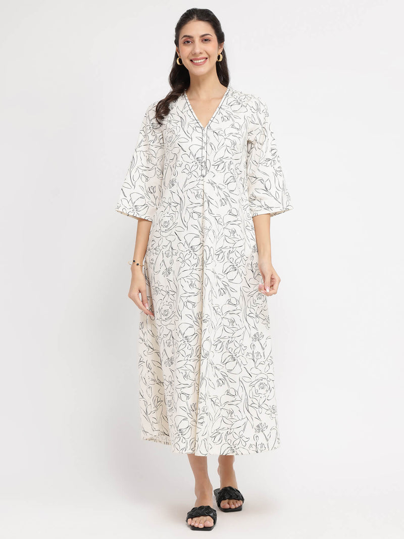 Rayon Floral A-Line Dress - White