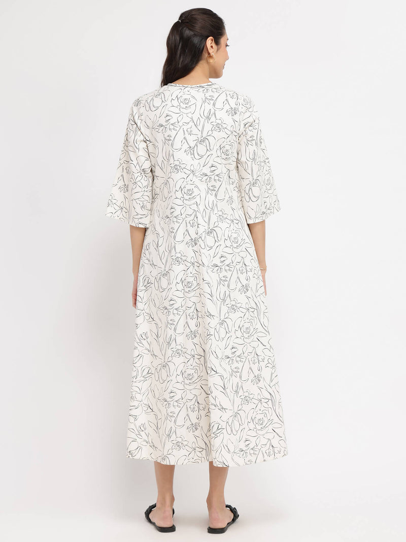 Rayon Floral A-Line Dress - White