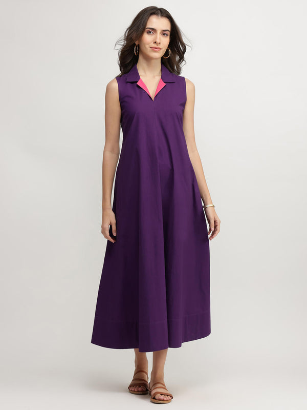 Cotton Solid A-Line Dress - Purple