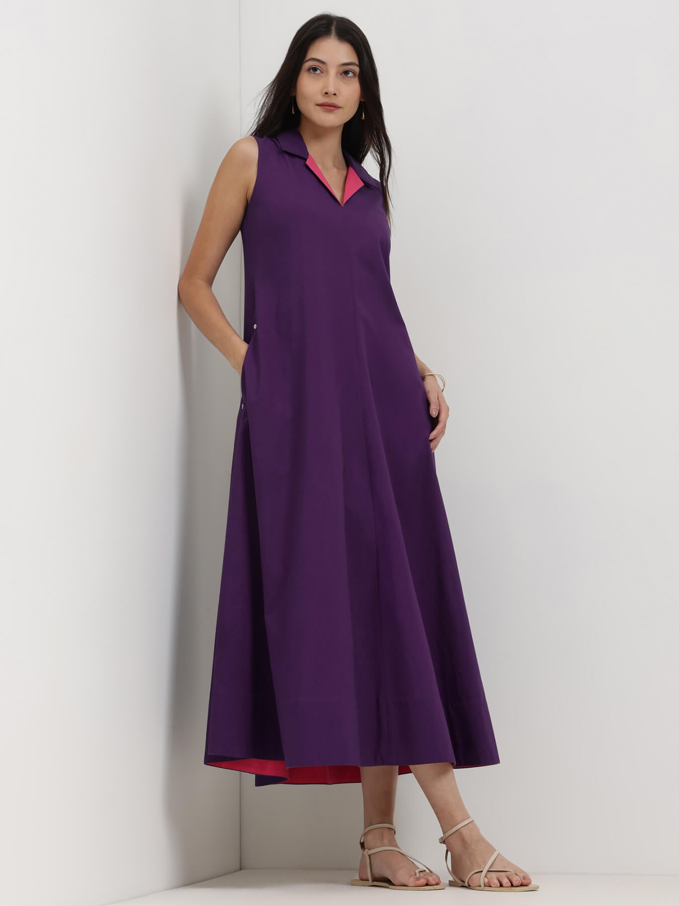 Cotton Solid A-Line Dress - Purple