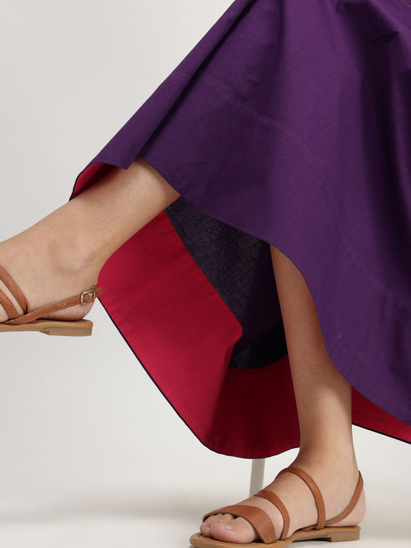 Cotton Solid A-Line Dress - Purple
