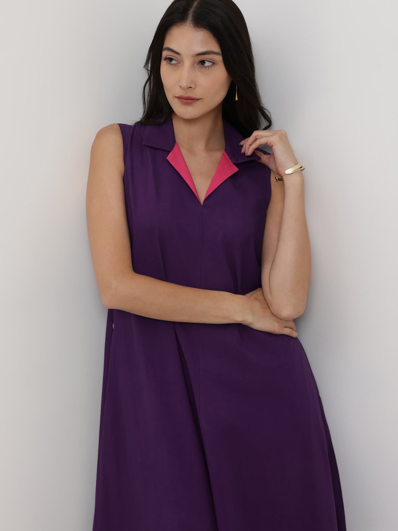 Cotton Solid A-Line Dress - Purple