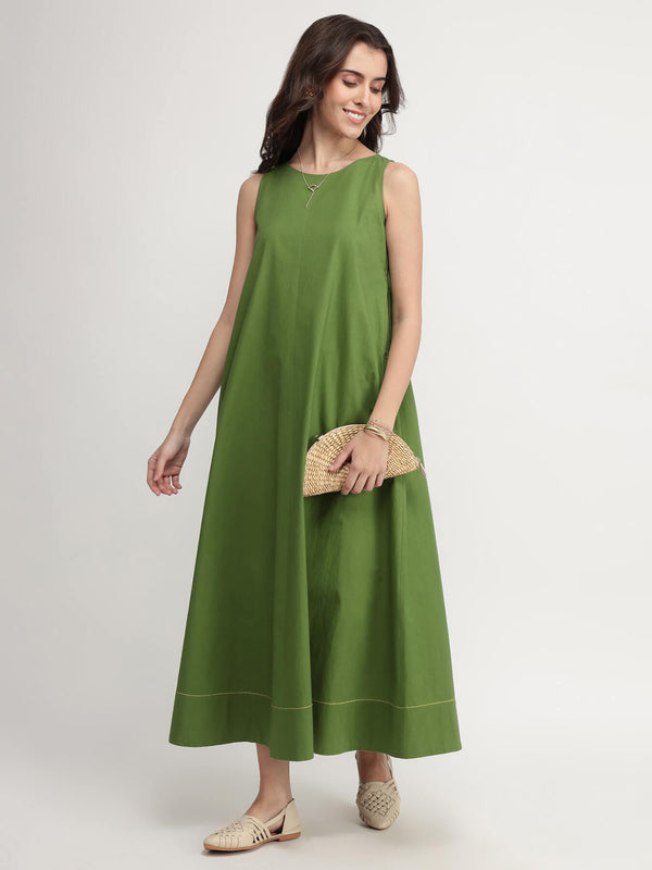 Cotton Solid A-Line Dress - Green