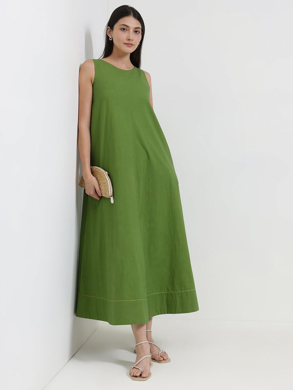 Cotton Solid A-Line Dress - Green