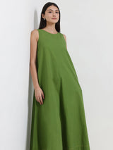 Cotton Solid A-Line Dress - Green