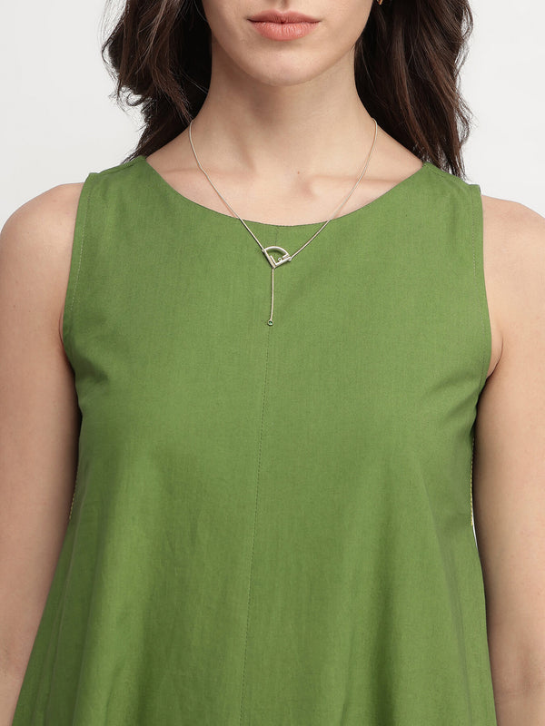 Cotton Solid A-Line Dress - Green