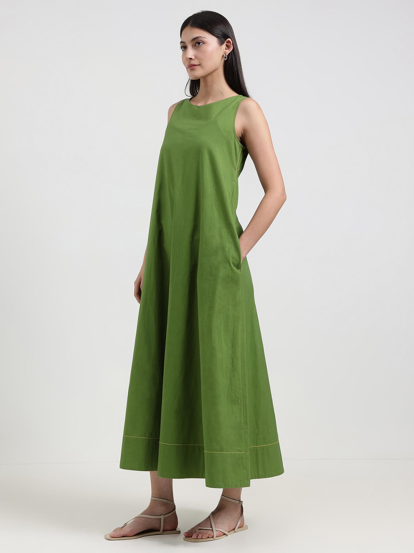 Cotton Solid A-Line Dress - Green