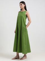 Cotton Solid A-Line Dress - Green