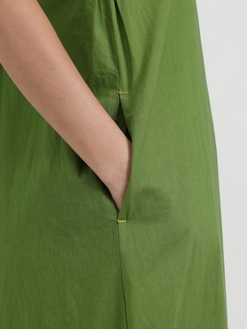 Cotton Solid A-Line Dress - Green