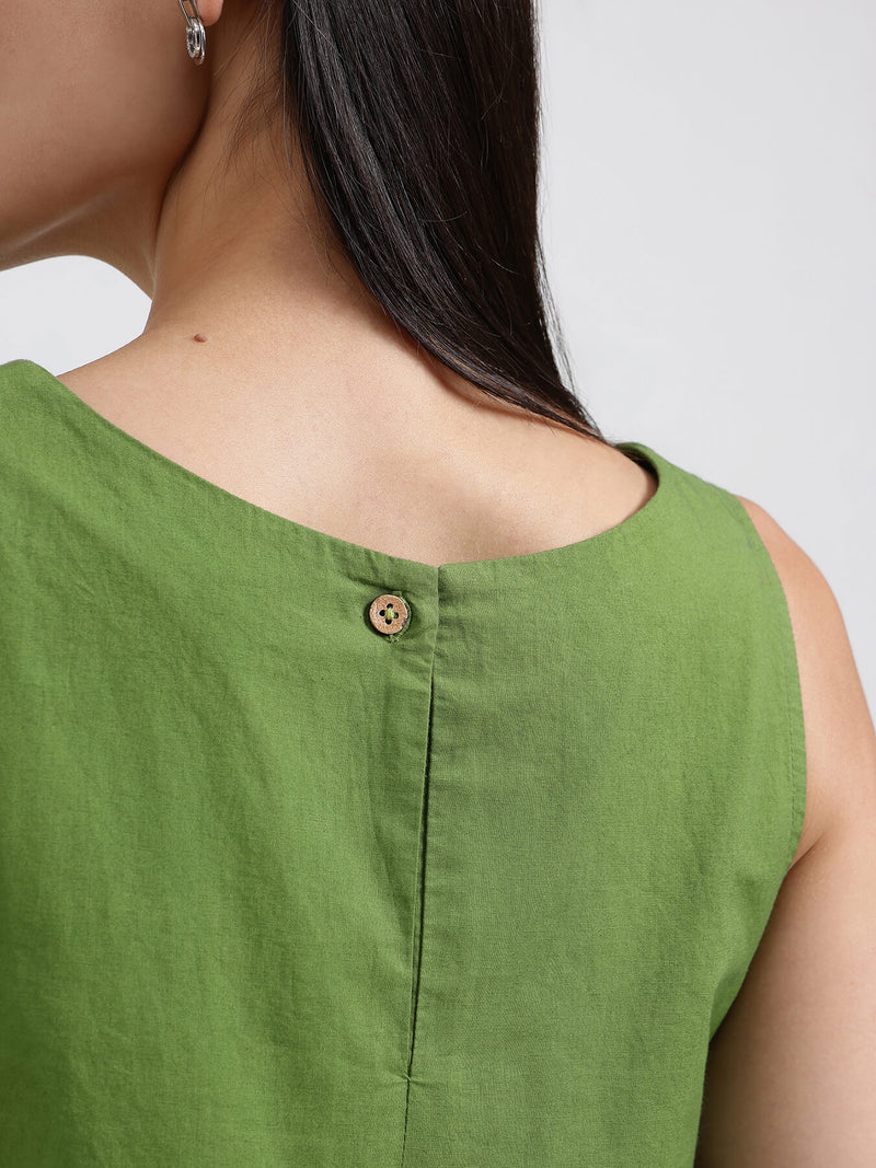 Cotton Solid A-Line Dress - Green