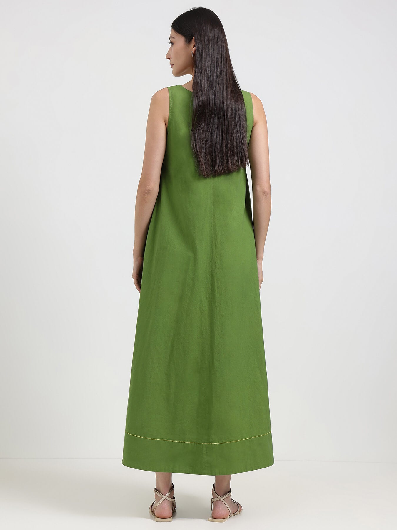 Cotton Solid A-Line Dress - Green