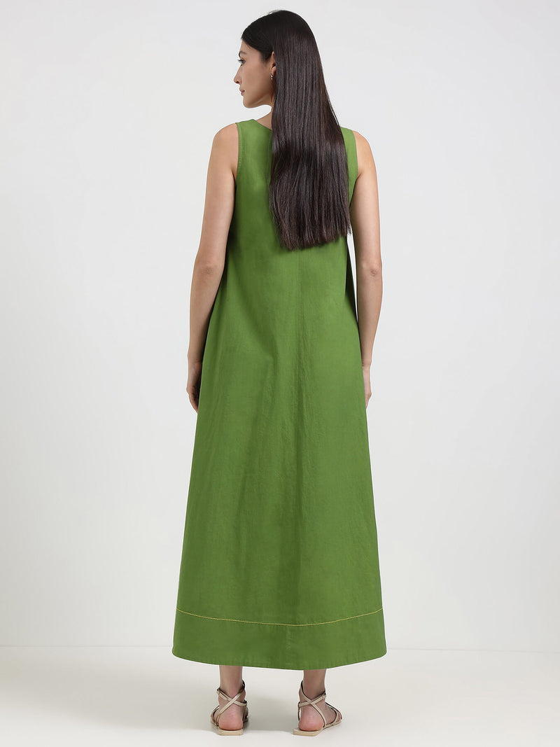 Cotton Solid A-Line Dress - Green