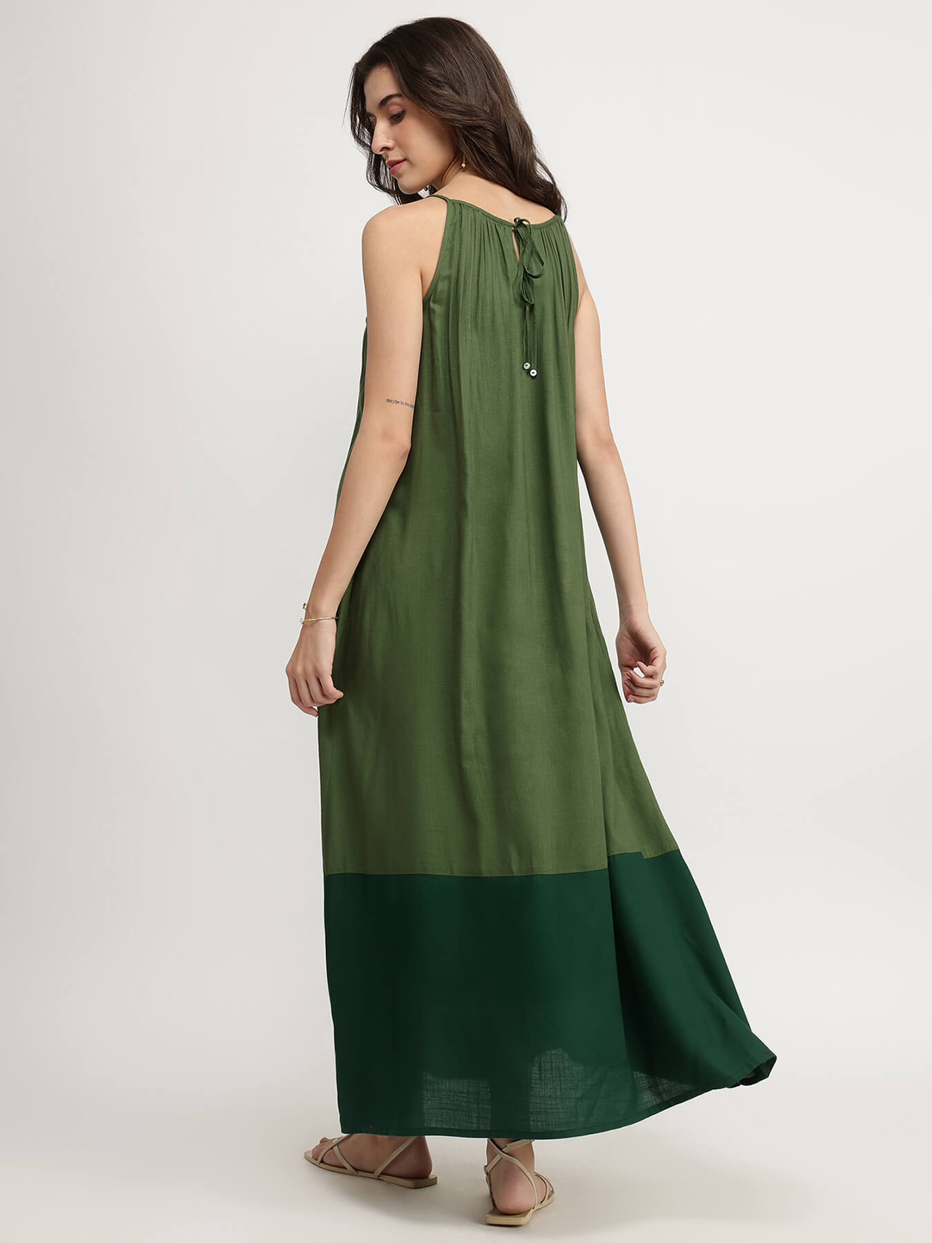 Rayon Colourblock Flared Strap Dress - Green