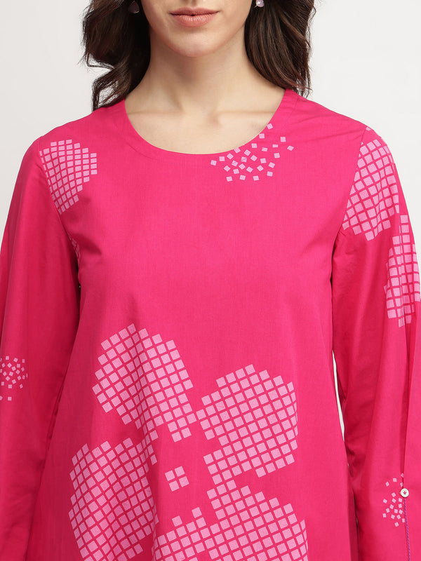 Cotton Floral A-Line Dress - Pink