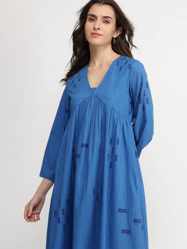Cotton Geometric Print Dress - Blue