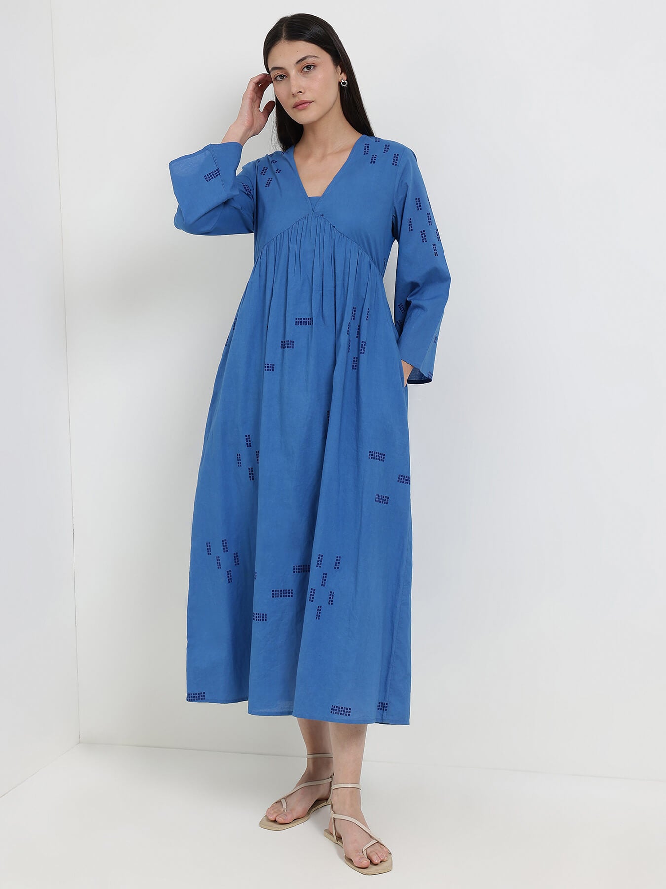 Cotton Geometric Print Dress - Blue
