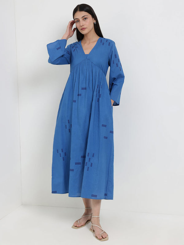 Cotton Geometric Print Dress - Blue