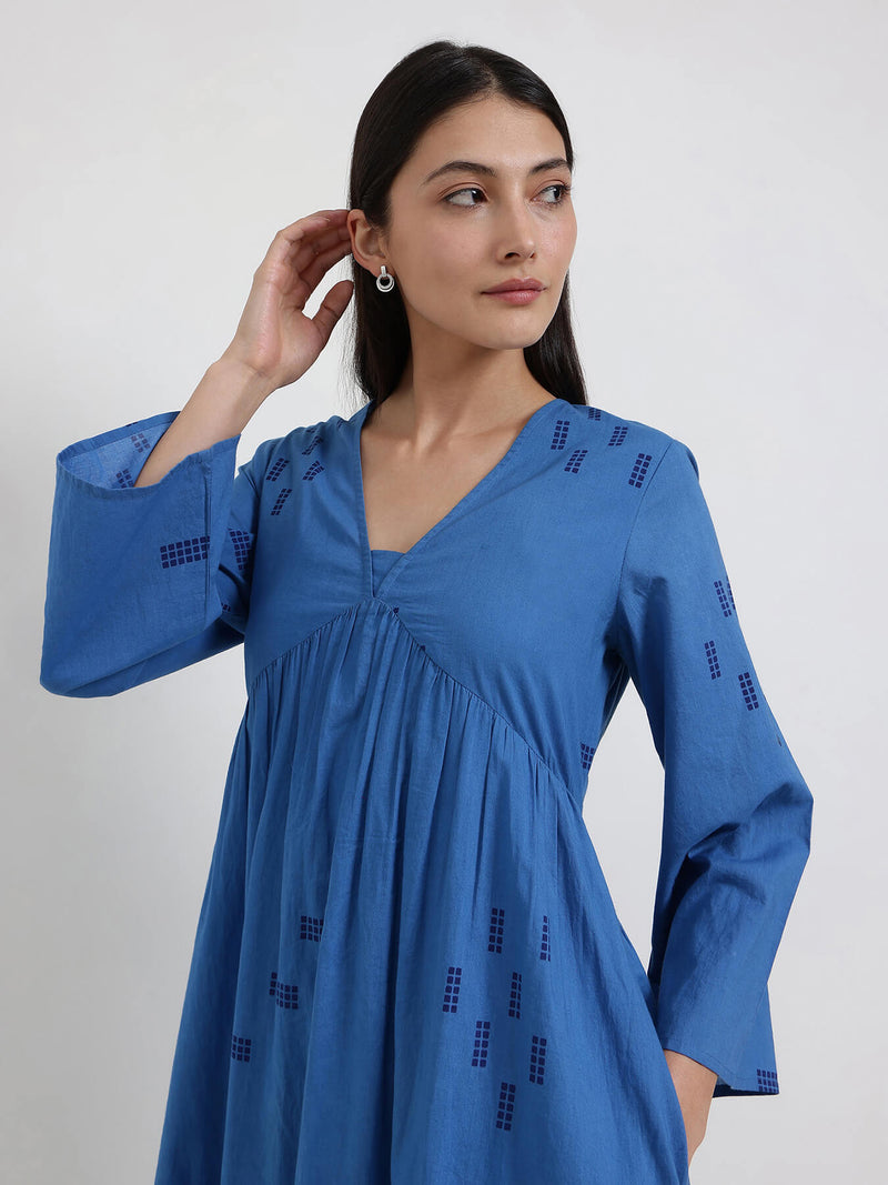 Cotton Geometric Print Dress - Blue