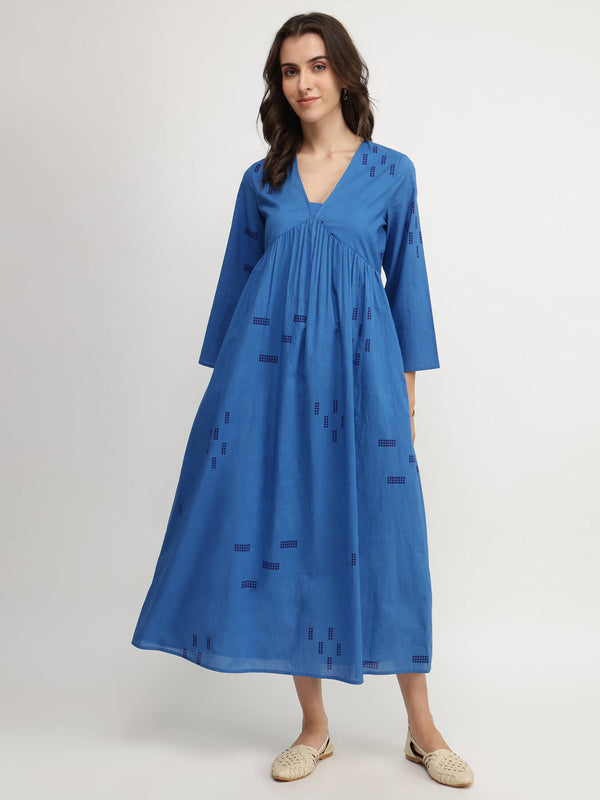 Cotton Geometric Print Dress - Blue