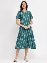Cotton Ikat A-Line Dress - Green