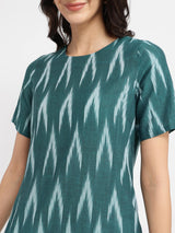Cotton Ikat A-Line Dress - Green