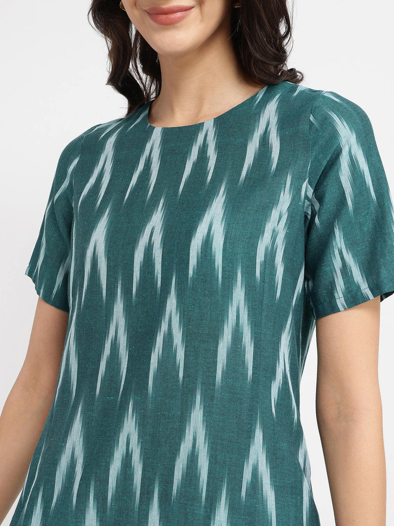 Cotton Ikat A-Line Dress - Green