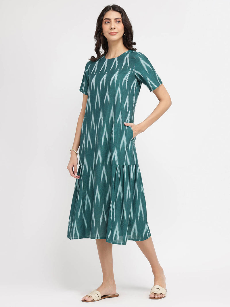 Cotton Ikat A-Line Dress - Green