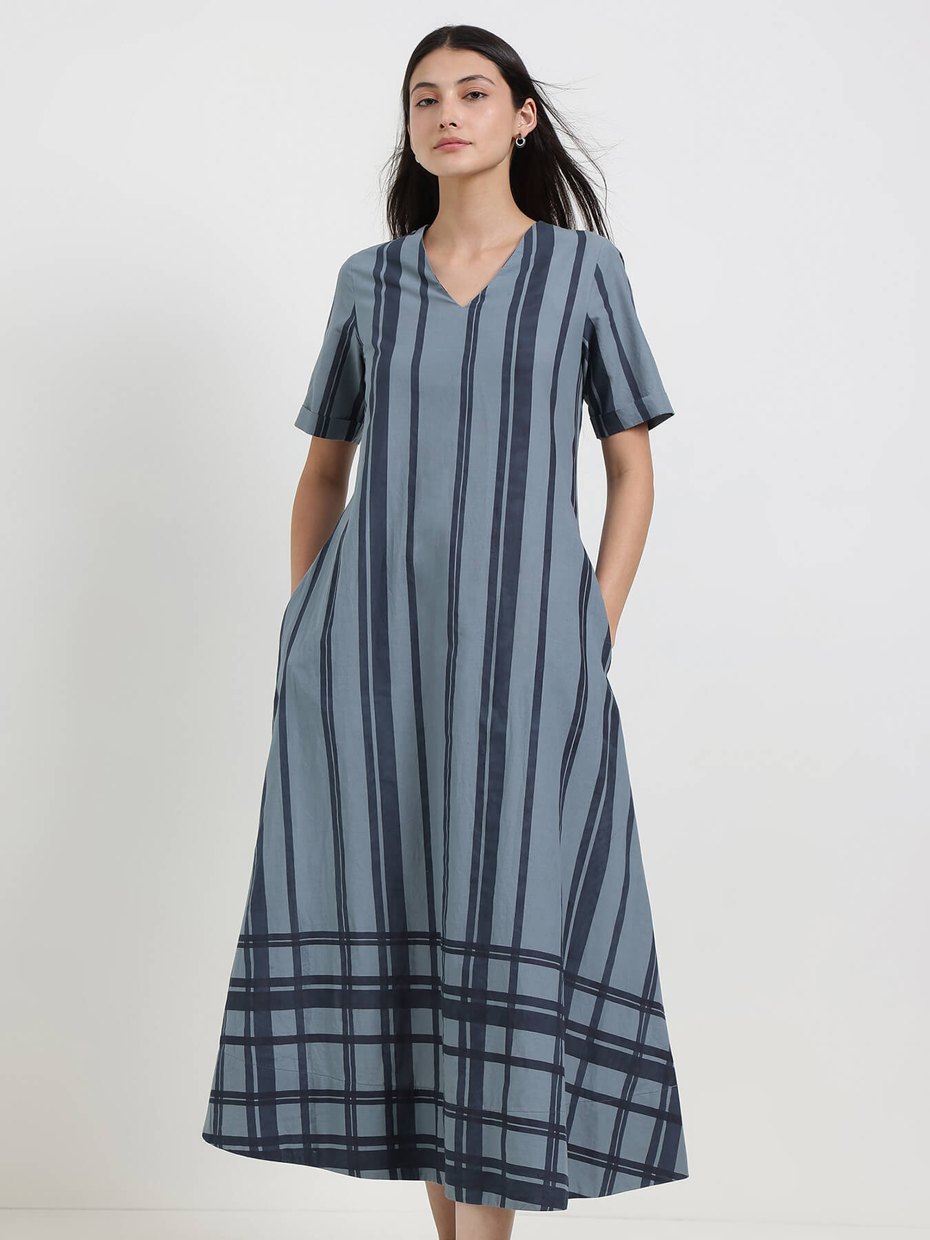 Cotton Stripe Play A-Line Dress - Blue