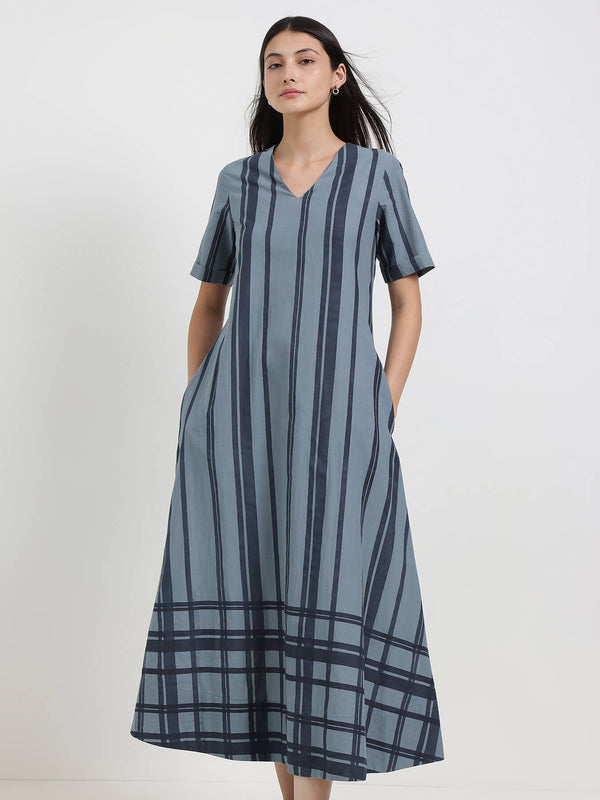 Cotton Stripe Play A-Line Dress - Blue