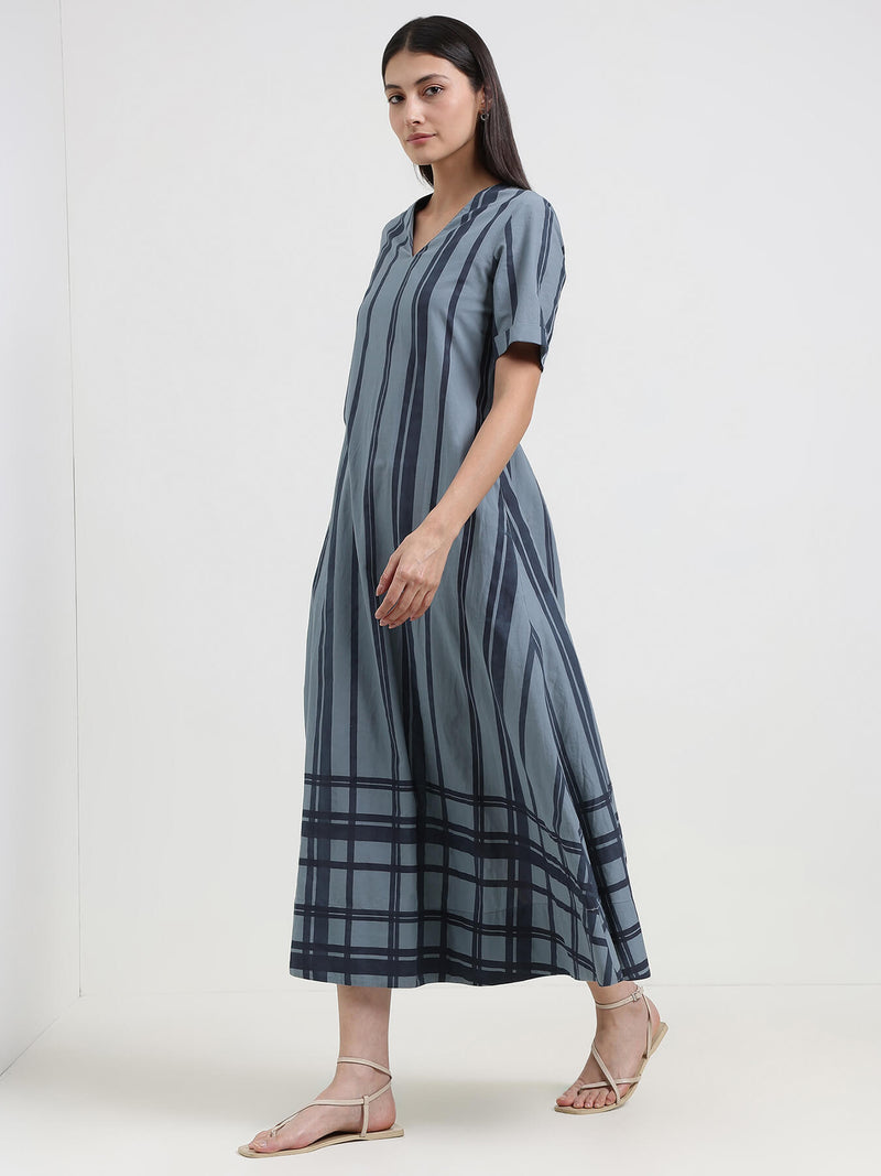 Cotton Stripe Play A-Line Dress - Blue