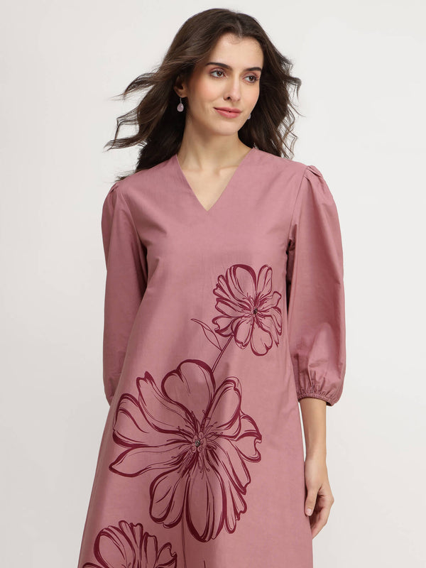 Cotton Floral Placement Print Dress - Pink