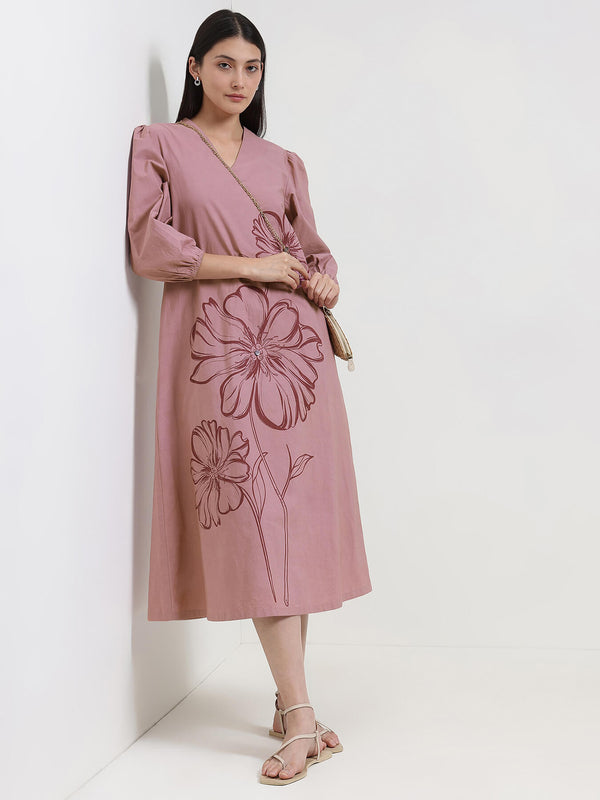 Cotton Floral Placement Print Dress - Pink