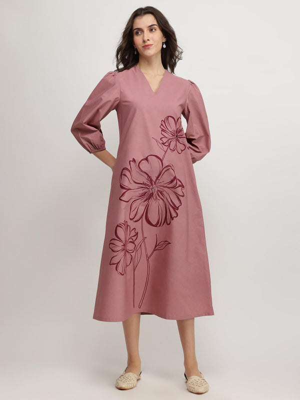 Cotton Floral Placement Print Dress - Pink