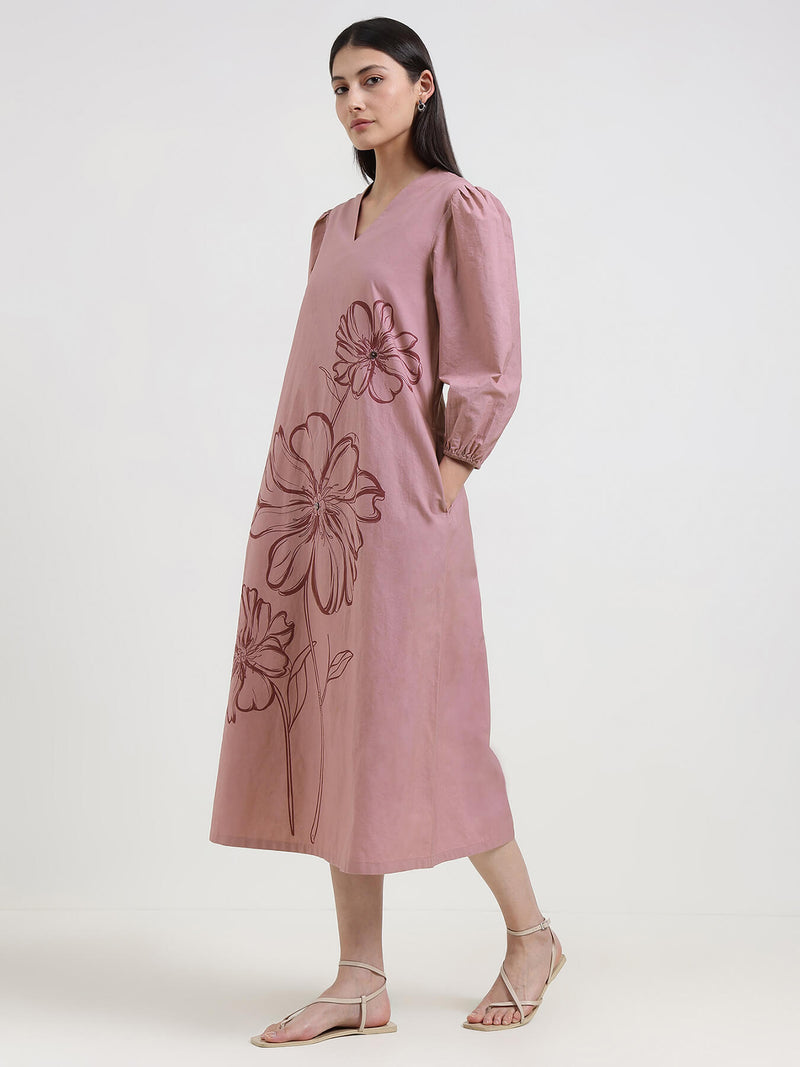 Cotton Floral Placement Print Dress - Pink