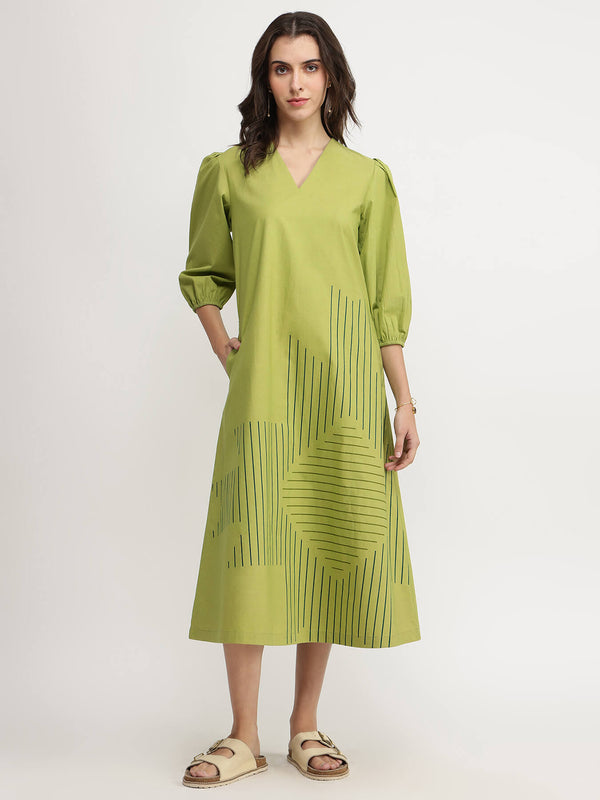 Cotton Geometric Placement Print Dress - Green