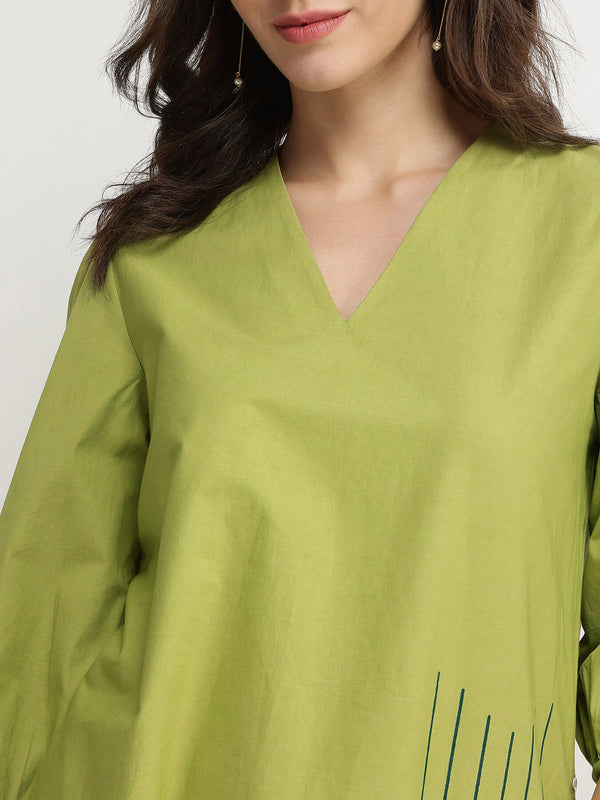 Cotton Geometric Placement Print Dress - Green