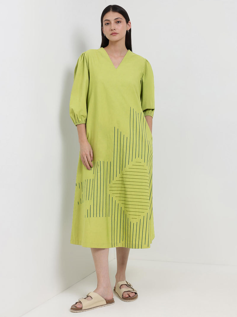 Cotton Geometric Placement Print Dress - Green