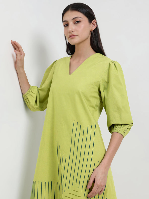 Cotton Geometric Placement Print Dress - Green