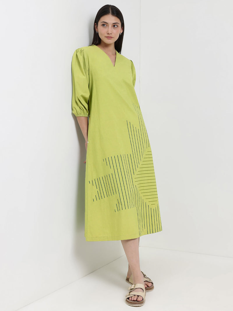 Cotton Geometric Placement Print Dress - Green
