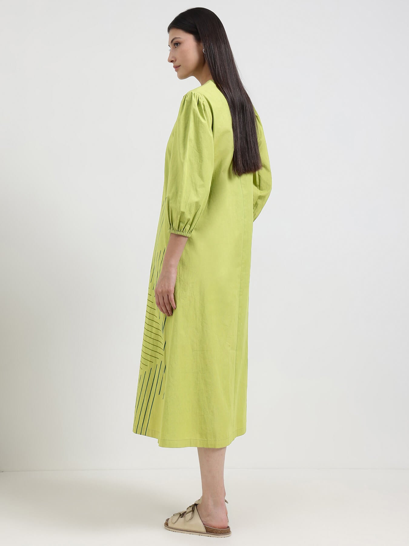 Cotton Geometric Placement Print Dress - Green