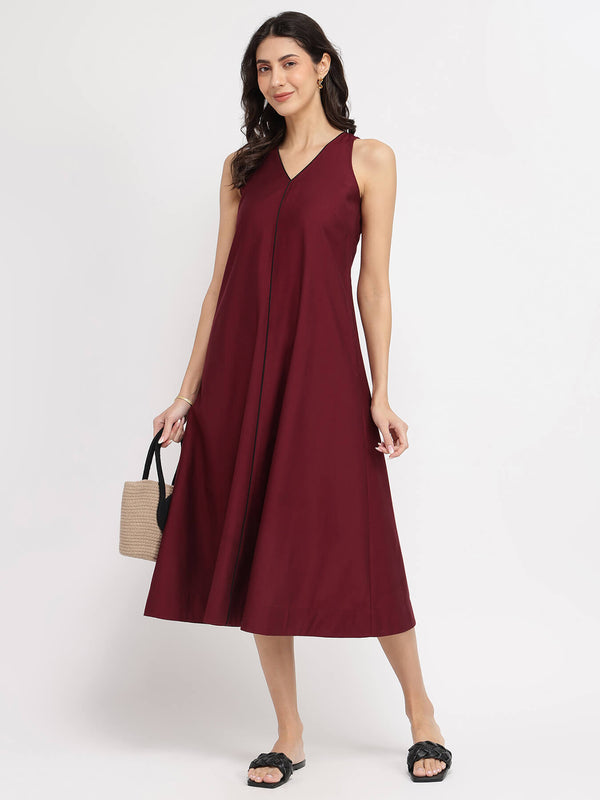 Cotton Solid A-Line Dress - Red