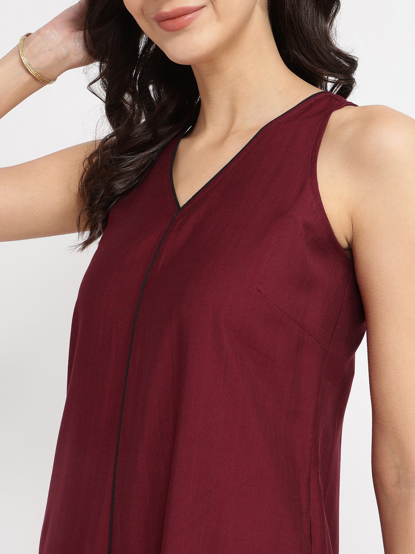 Cotton Solid A-Line Dress - Red