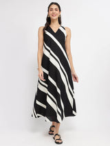 Cotton Striped A-Line Dress - Black & White