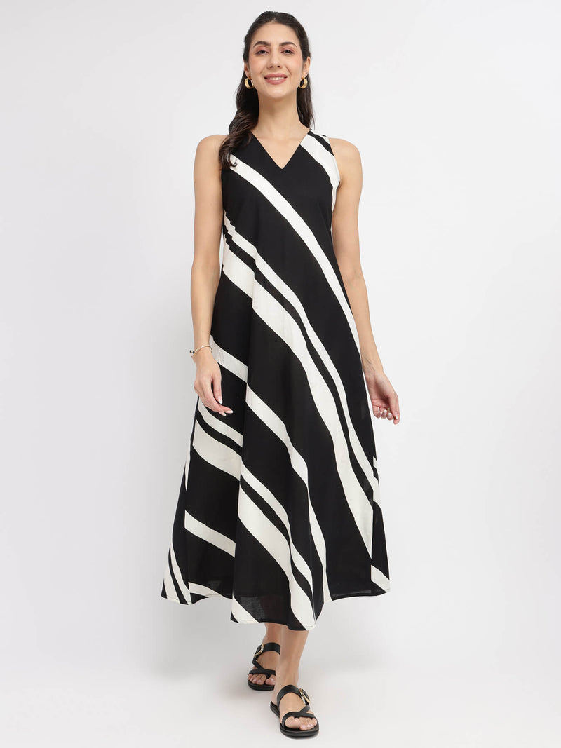 Cotton Striped A-Line Dress - Black & White