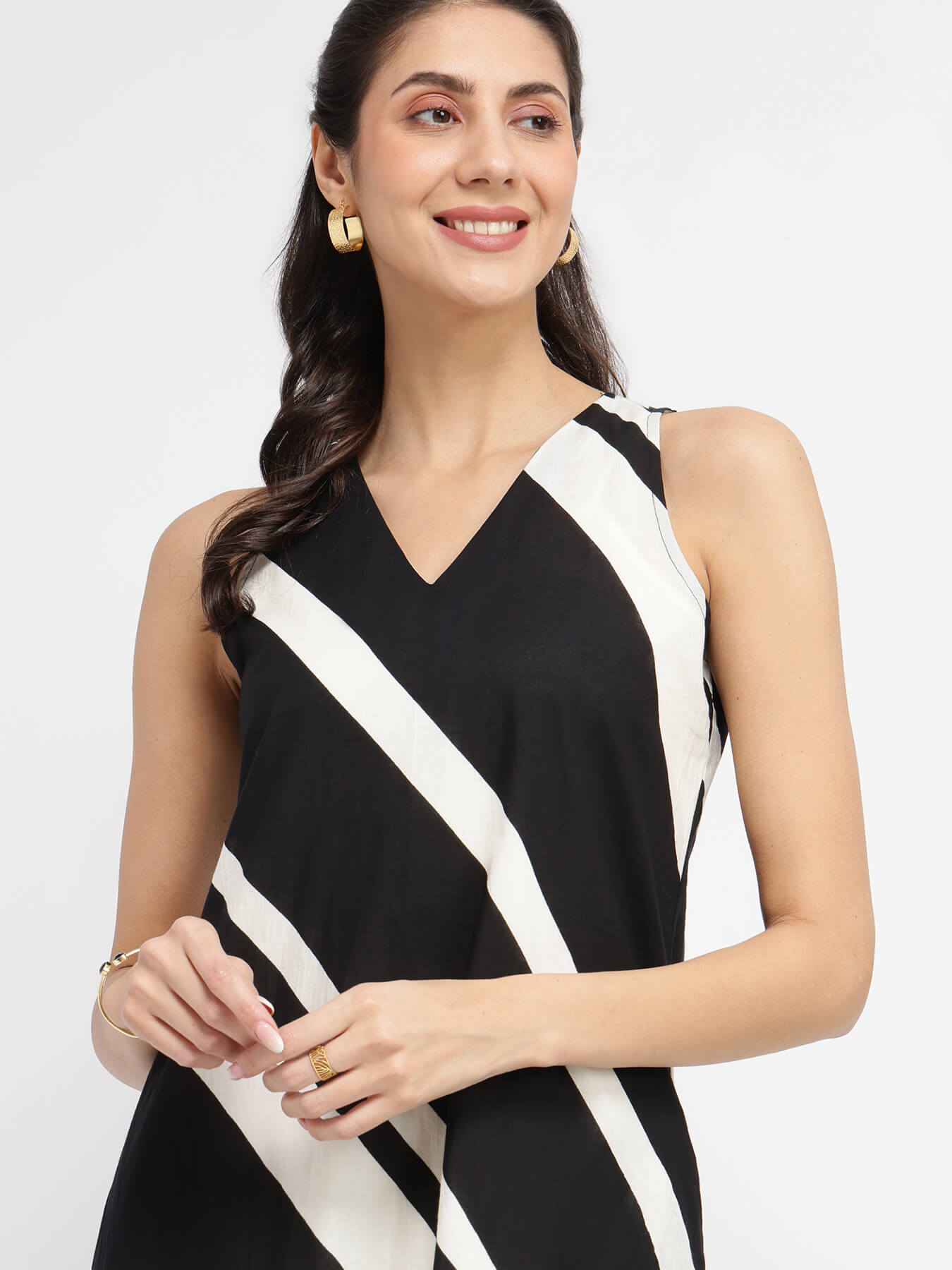 Cotton Striped A-Line Dress - Black & White