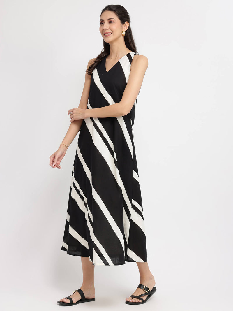 Cotton Striped A-Line Dress - Black & White