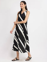 Cotton Striped A-Line Dress - Black & White