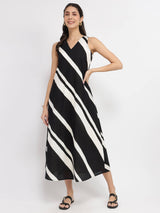 Cotton Striped A-Line Dress - Black & White