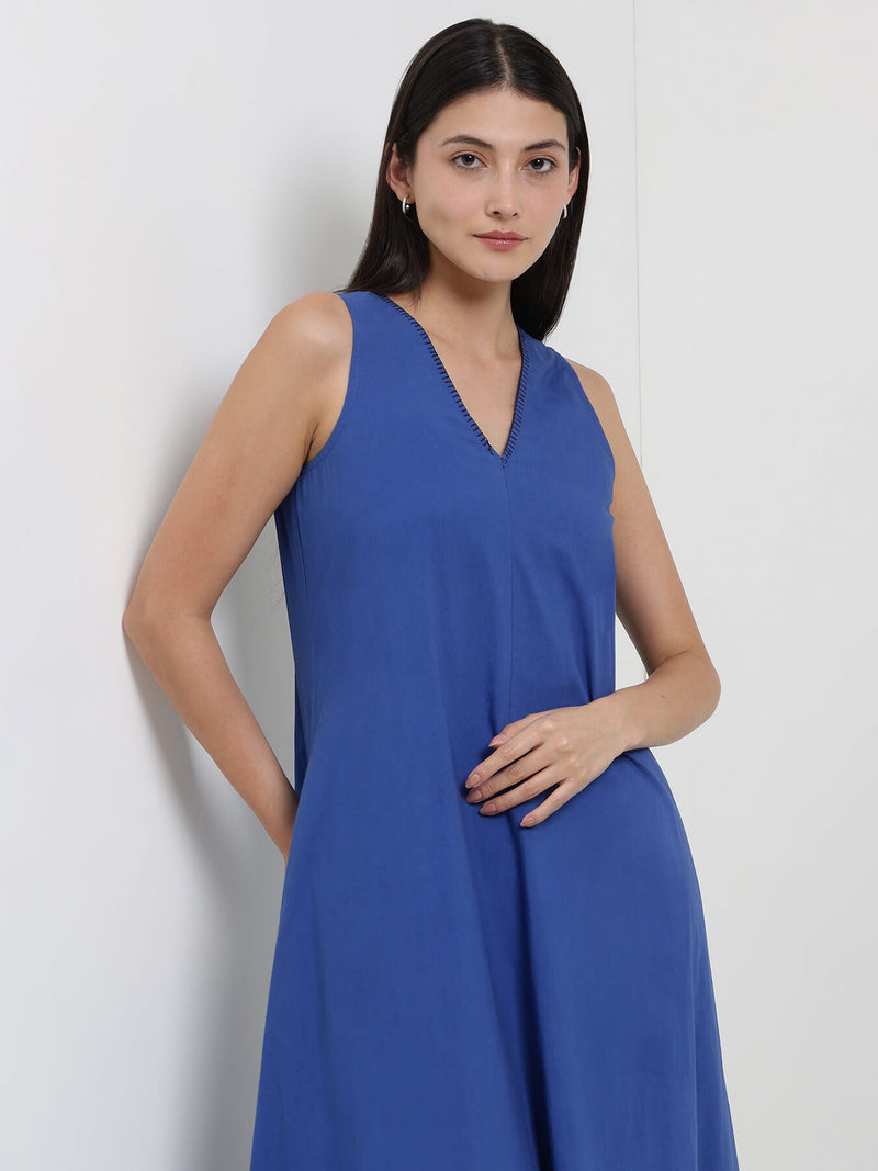 Cotton Colourblock A-Line Dress - Blue