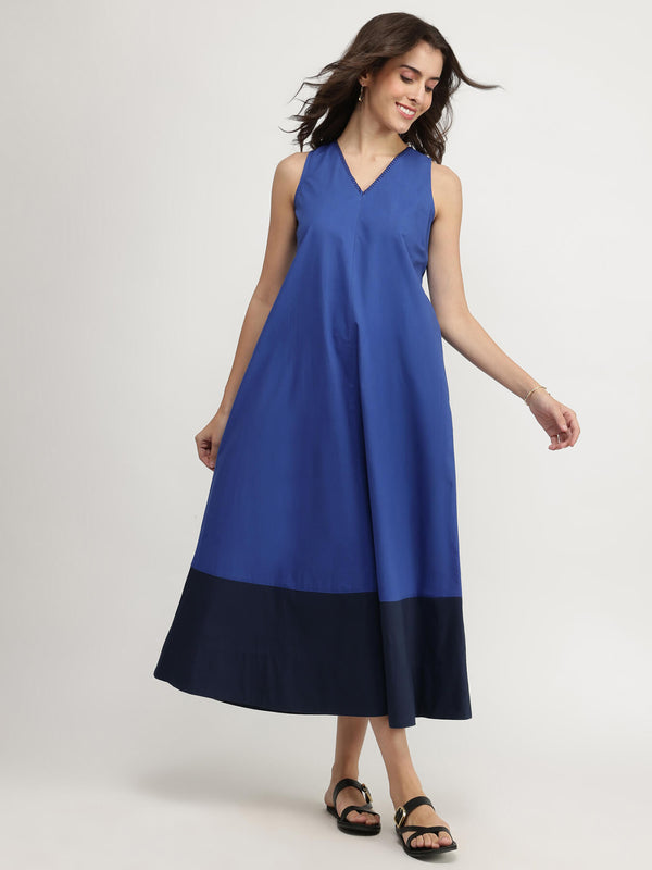 Cotton Colourblock A-Line Dress - Blue